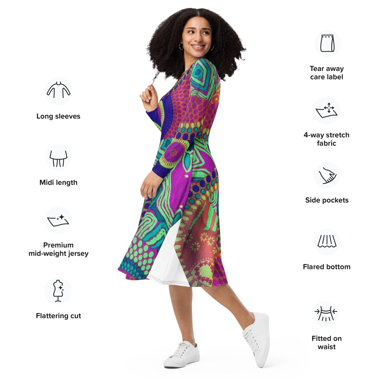 All-over print long sleeve midi dress
