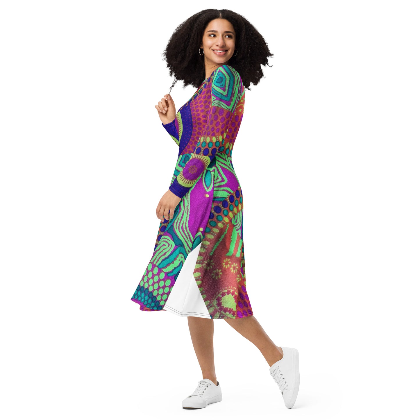All-over print long sleeve midi dress