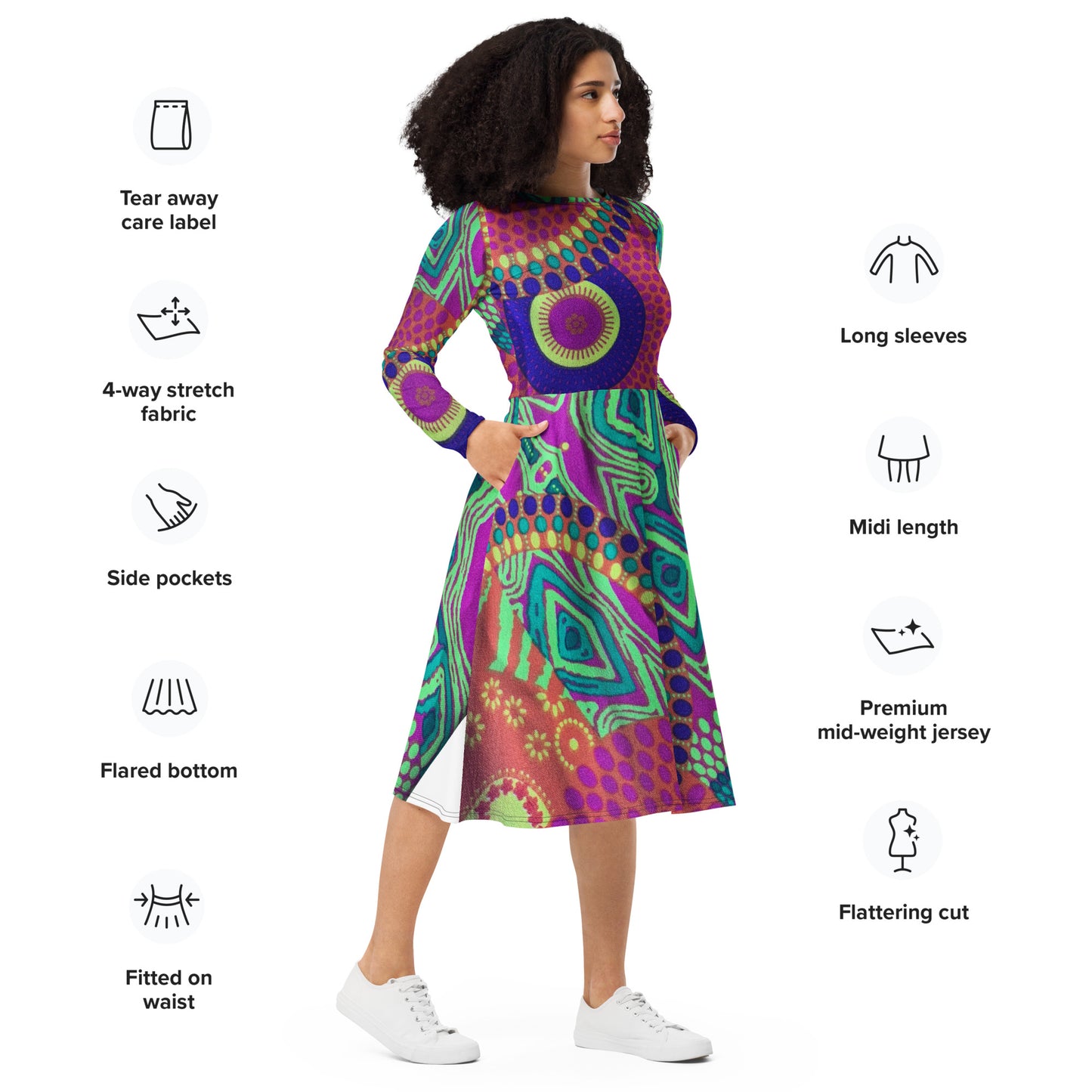 All-over print long sleeve midi dress